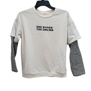 June South Korea Design Women's White She Bangs the Drums K-Pop‎ 2Fer Pullover L